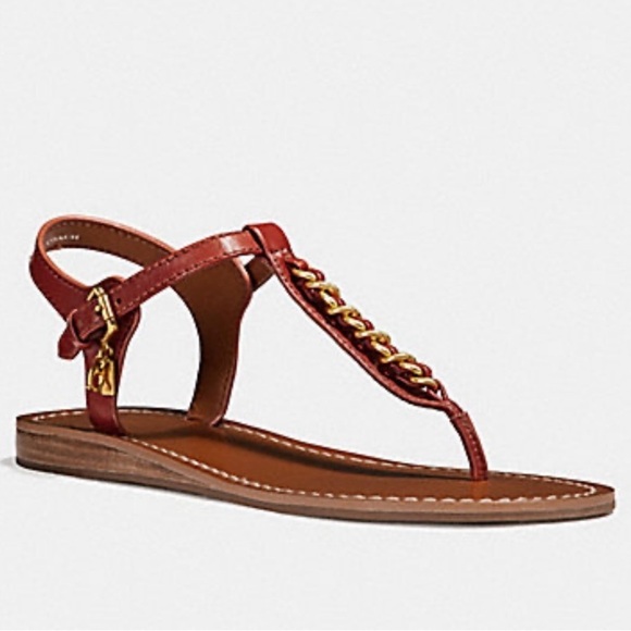 COACH Chain T Strap Leather Sandals Terracota Charm Adjustable Strap Sz 7 NEW - Picture 1 of 13